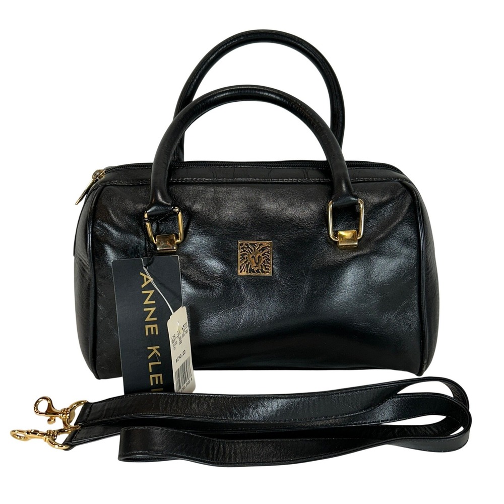 Anne Klein Vintage Black Leather Satchel Crossbody Bag Gold Lion Logo NWT - Picture 2 of 15